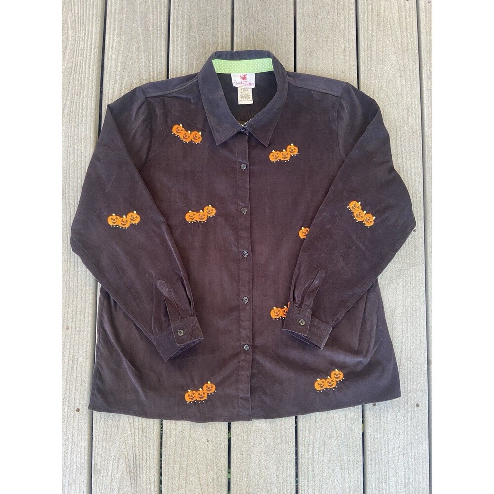 Quacker Factory Pumpkin Black Button Up Shirt Emb… - image 4